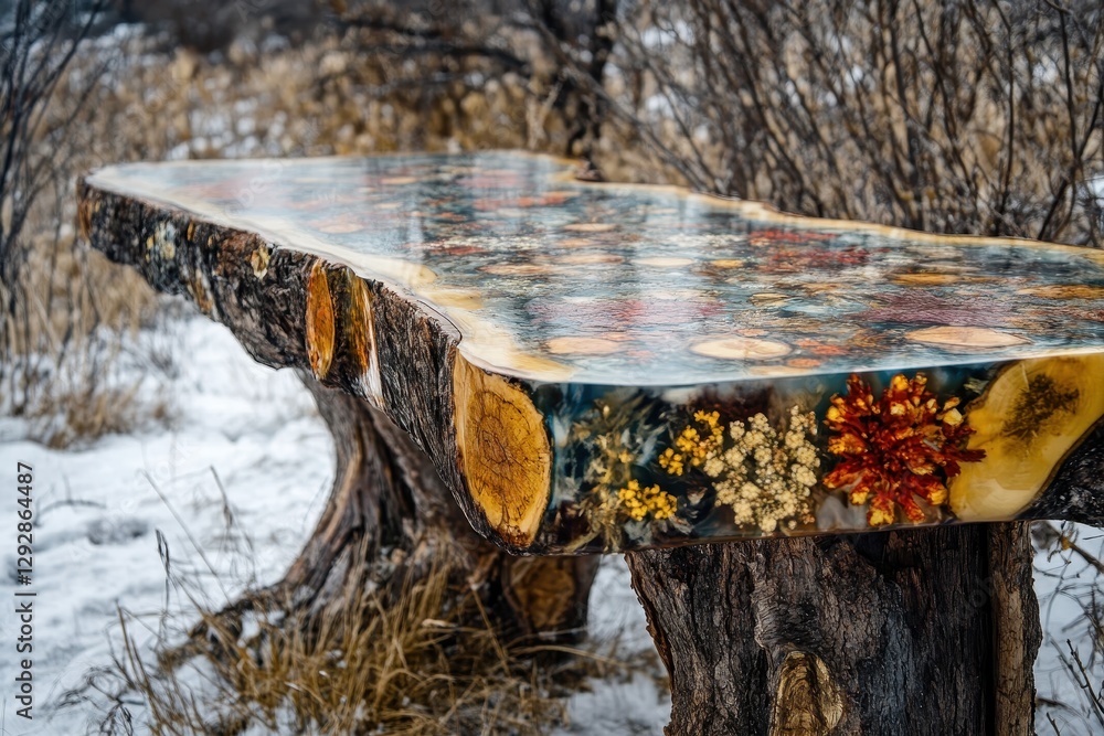 Poster detail image of a table with epoxy filled logs