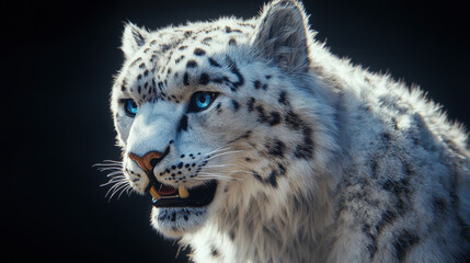 Fototapeta premium A majestic snow leopard, piercing blue eyes, mouth slightly open revealing sharp teeth