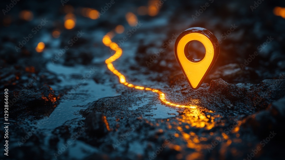 Poster Glowing orange location pin on dark wet surface with illuminated path, futuristic navigation technology. Conceptual image for modern GPS systems.