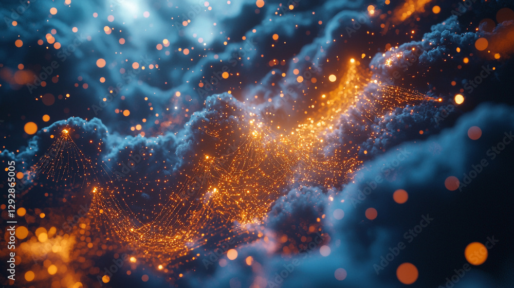 Poster abstract orange and blue digital network glowing particles background web data space light vivid