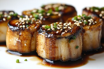 Detail shot of sushi rolls with grilled eel sesame and sauce on a white backdrop showcasing creamy fillings
