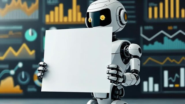 Futuristic robot holding blank sign against data analytics background