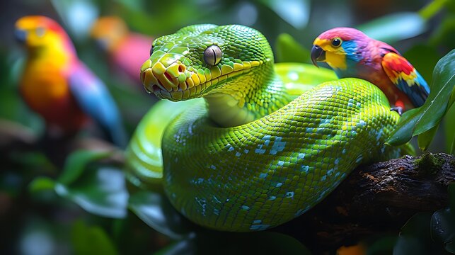Green tree python coiled, parrot perched, rainforest, wildlife