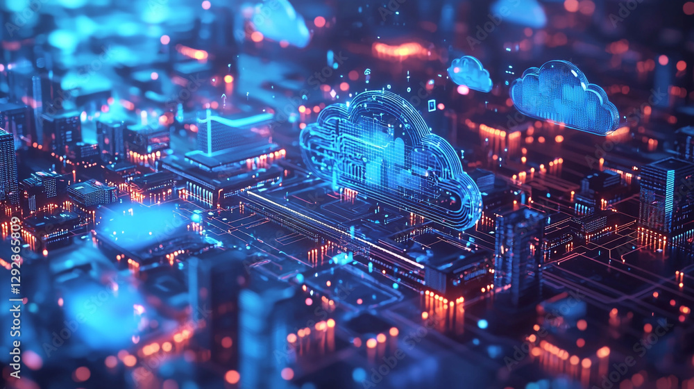 Aufkleber abstract digital cityscape with glowing cloud computing network data blue neon cyber board light