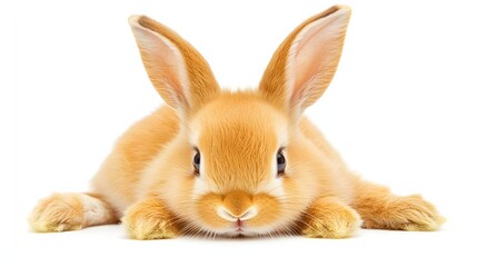 Obraz premium Cute Orange Rabbit Lying Down on White Background with Playful Expression and Alert Ears