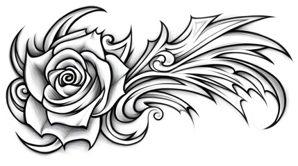 Intricate Black And White Rose Tattoo Design With Floral Elements And Detailed Ornamental Patterns