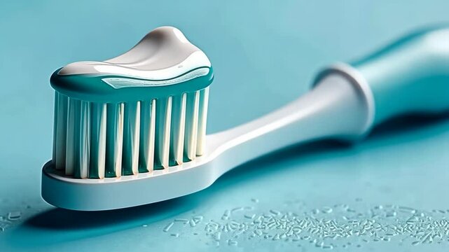 A toothbrush with toothpaste on it. The toothbrush is blue and white