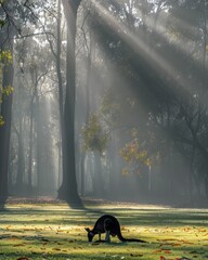 Solitary kangaroo grazing in a sun-dappled forest clearing at dawn.