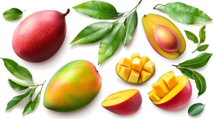 Variety of Ripe Mangoes and Sliced Mango Pieces Surrounded by Green Leaves on White Background