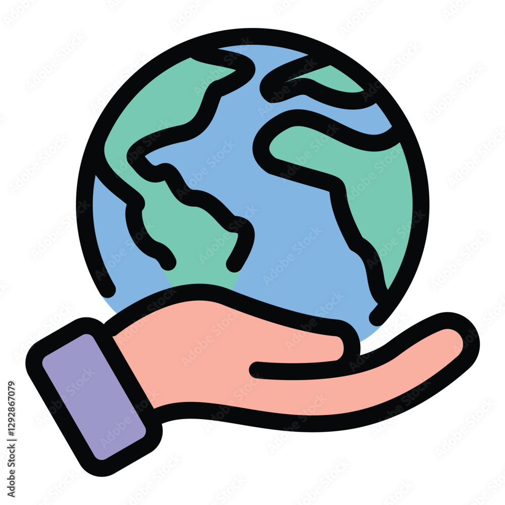 Poster world icon globe with continents visible in flat line color style.