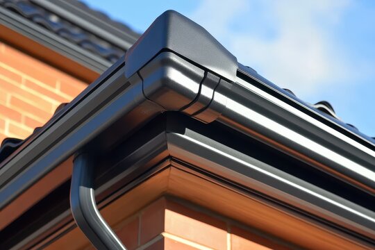 Detailed view of a roof made of glass reinforced polyester featuring dark soffits fascias and gutters