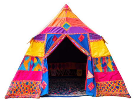 vibrant festival style tent featuring colorful fabric patterns, perfect for outdoor events and celebrations. intricate designs create lively atmosphere