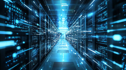Futuristic data center server room with bright blue digital light streams web fast speed cyber cloud