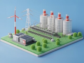 Energy production facility showcases modern design with power lines and greenery in a clear blue sky 3D