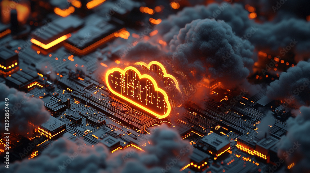 Poster abstract cloud computing digital neon glowing circuit board technology 3d data dark cyber smoke