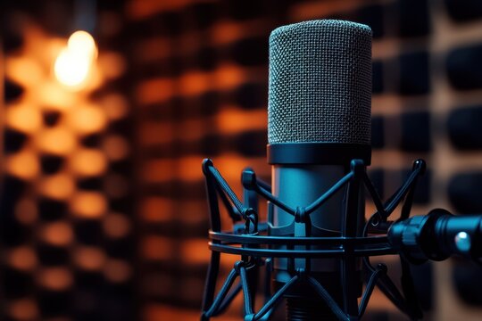 Detailed view of a studio microphone with a pop filter set against a softly blurred wall featuring square shaped lighting Emphasis on the forefront