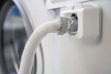 Detailed view of a white drain hose connected to a washing machine featuring a metal clamp and a blurred background with ample empty space