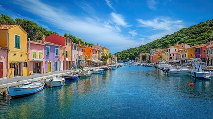 A quaint fisherman's village with colorful houses along a harbor filled with boats under a bright blue sky