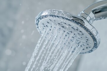 Fototapeta na wymiar Detailed view of cleaning the shower faucet and head from lime scale and stains with a commercial cleaner Bathroom sanitation and tidying