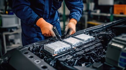 A mechanic performing a battery pack replacement on an electric vehicle.