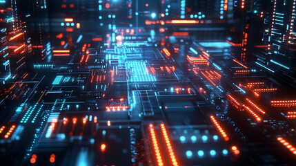 Obraz premium Abstract futuristic technology background with red and blue circuits data grid cyber lines design