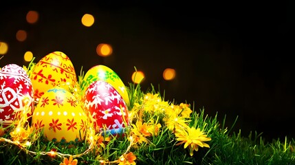 Colorful Easter Eggs Decorated with Patterns and Surrounded by Bright Lights on Green Grass