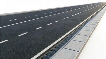 Fototapeta premium Road to Perspective: A vast, empty road stretches into the distance, marked with crisp white lines, its asphalt surface reflecting the promise of travel and open possibilities.