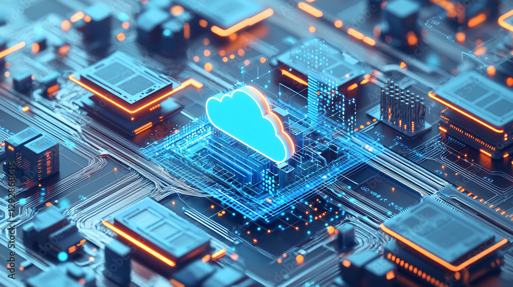 Aufkleber abstract cloud computing digital technology network server illustration 3d data chip blue board line