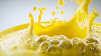 Dynamic Yellow Liquid Splash with Bubbles and Droplets on a Smooth Surface