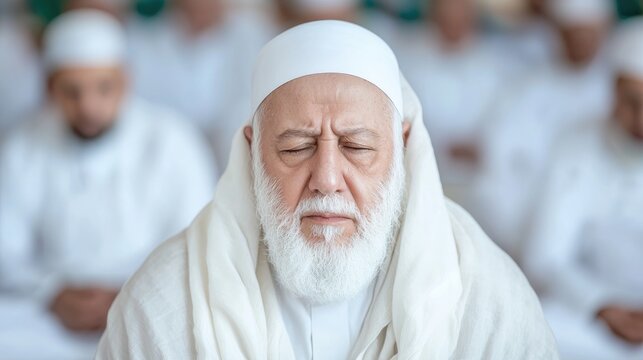 Senior Muslim in prayer, focused, peaceful gathering