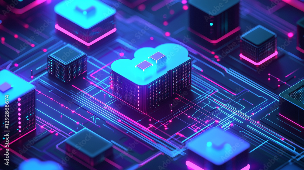 Poster abstract cloud computing server network digital technology neon lights 3d data blue pink cyber futur