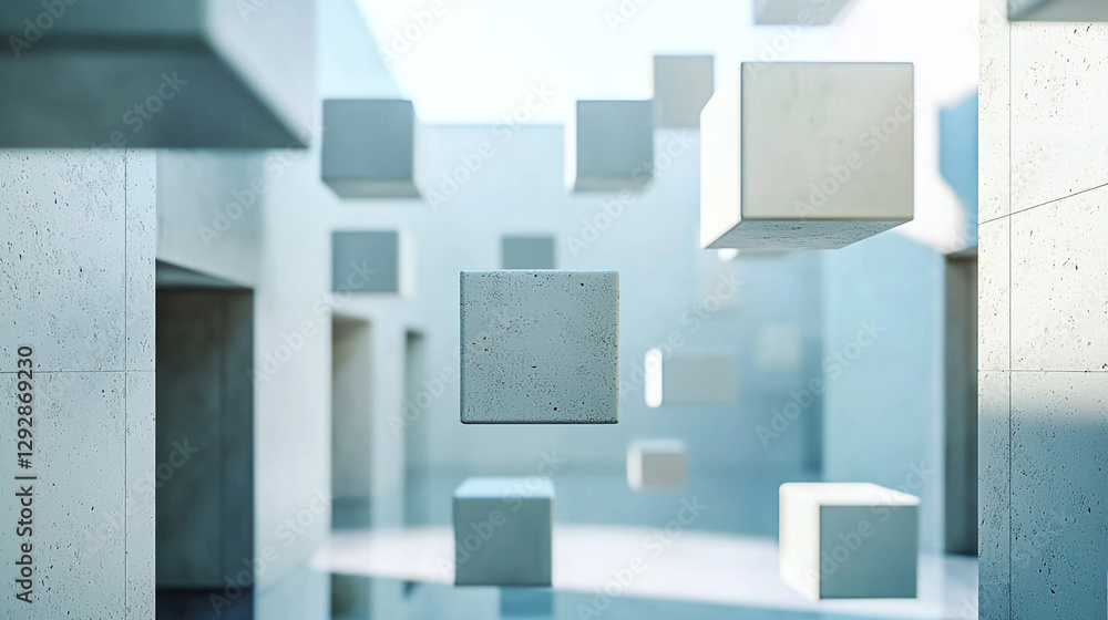 Aufkleber abstract modern architecture with floating cubes in a light blue room 3d art grey style space image