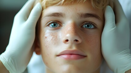 Fototapeta premium Cosmetologist applying mask on client's face in spa salon Young man is enjoying a moment of relaxation while having a beauty treatment with a white mud mask applied to his face