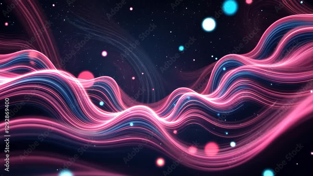 Poster a pink and blue wave with a black background. there are many small dots in the background. the wave 