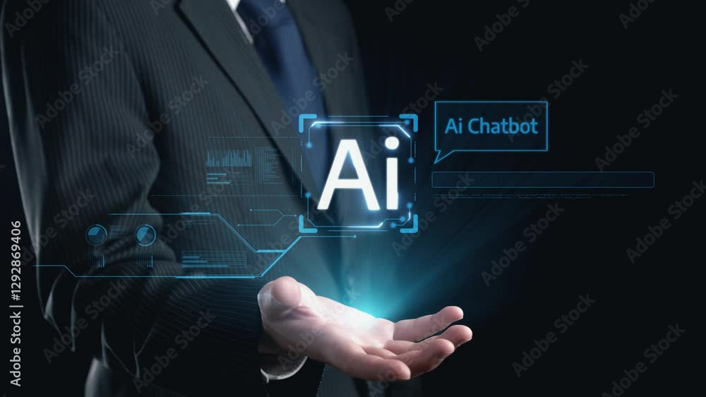 Poster human interact with ai artificial intelligence virtual assistant chatbot in concept of ai artificial