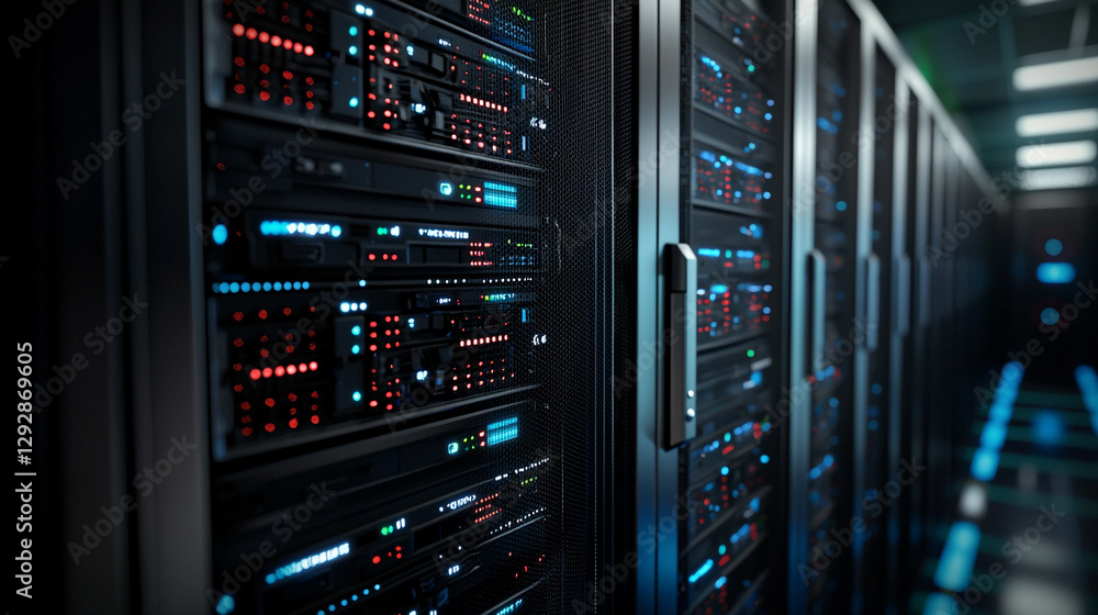 Poster modern data center server room technology network infrastructure web cloud racks cyber system digita