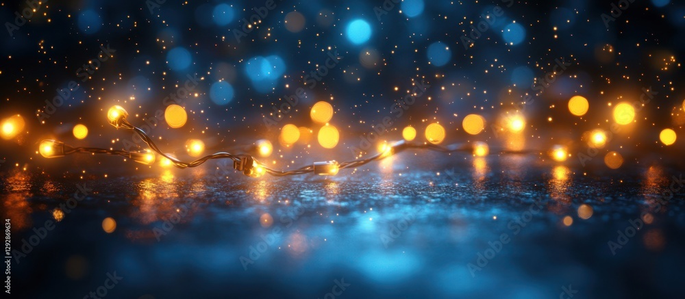 Poster festive string lights on dark blue background with bokeh.