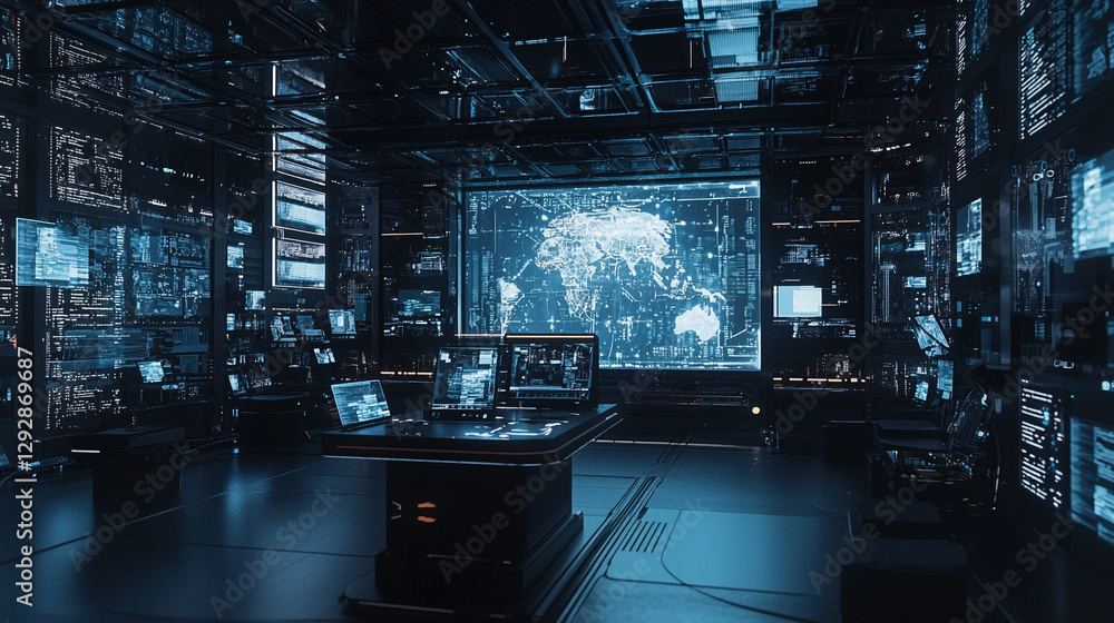 Poster futuristic digital command center with global network monitoring screens data room dark blue light