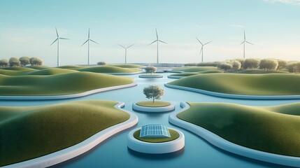 Peaceful landscape featuring wind turbines, flowing water, and blooming trees under a clear sky