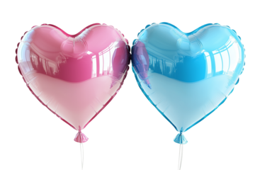 Set of 3D heart-shaped balloons, in pink and blue colors isolated on transparent background