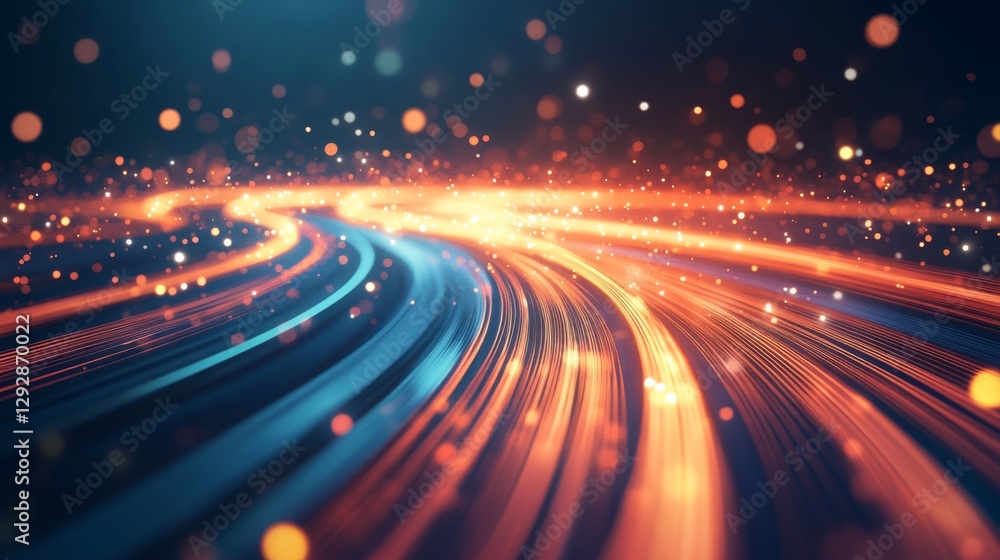 Poster abstract background with flowing orange and blue light trails, glowing particles. futuristic technol