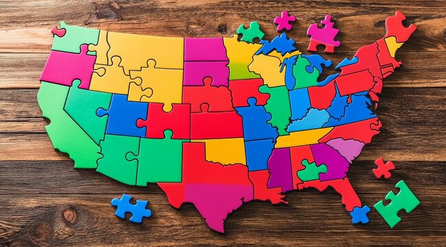 A vibrant USA map designed with colorful puzzle pieces.