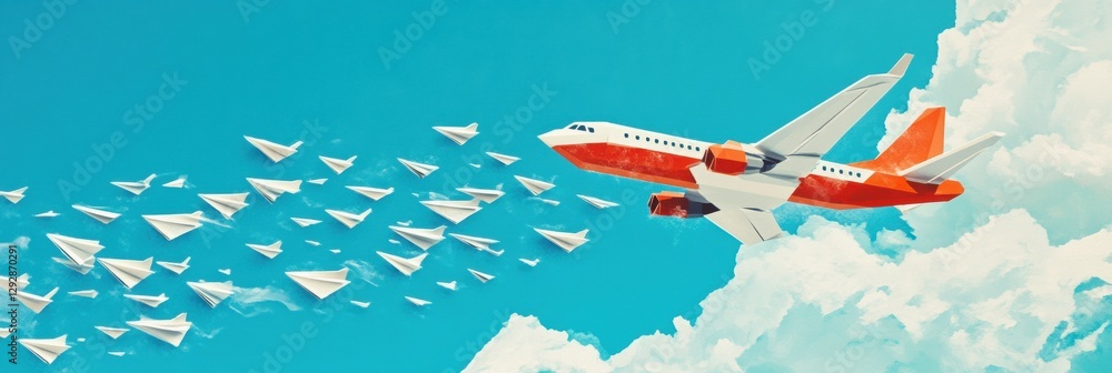 Poster leading a flight of smaller paper planes against a bright blue sky with clouds. generative ai