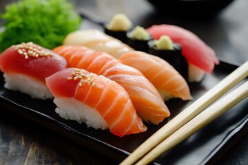Detailed view of sushi sashimi served with chopsticks and soy sauce
