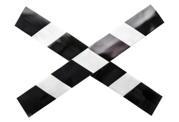 Black and white warning tape cross isolated on transparent background