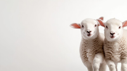 Obraz premium Fluffy lambs standing together with cheerful expressions on light background
