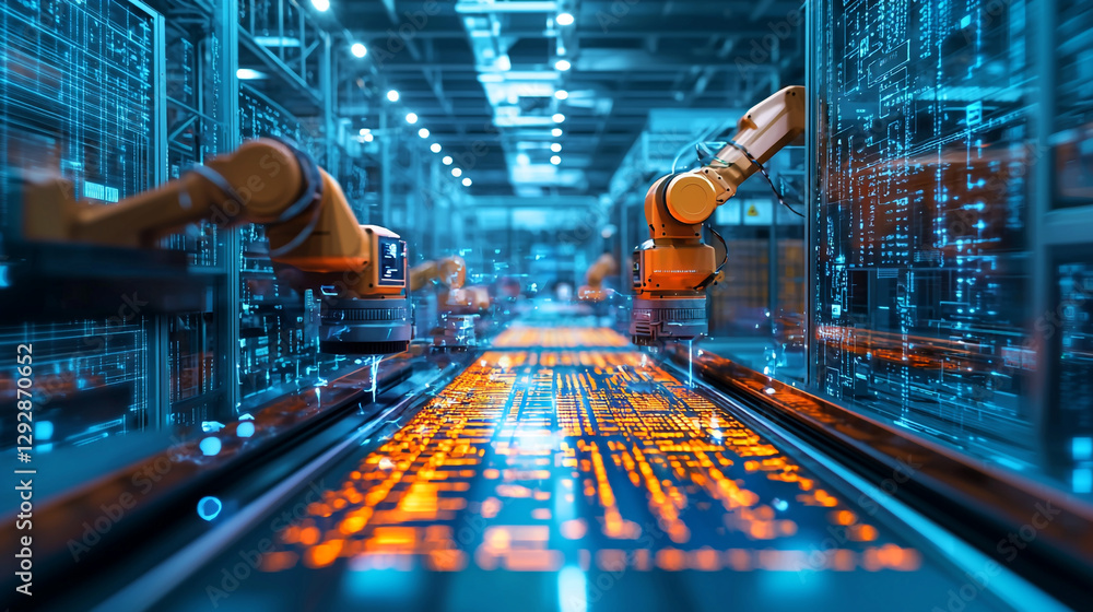 Poster advanced robotic automation in modern smart factory production line arm blue tech future system