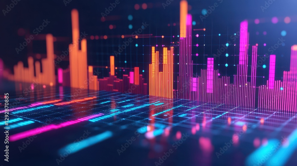 Poster vibrant abstract data visualization with colorful bars and dots on a dark background for technology 
