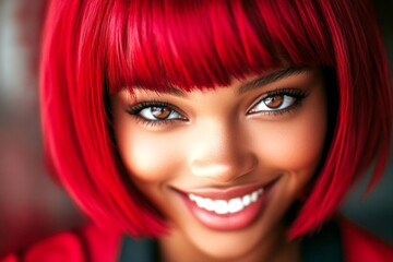 Obraz premium Commercial marketing creative artwork. Short hairdo - red hair. Stunning smiling black girl - for ads, lane poster and social apps use. Modern hair concept. Artistic african model.
