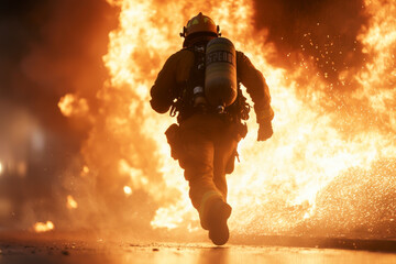 A firefighter bravely confronts an intense blaze while prioritizing safety and rescue.